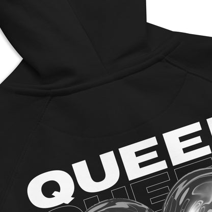 Queer & Trans Graphic Hoodie Streetwear Style Chrome Heart LGBTQIA2S+ Pride on back of Black Eco Raglan Hoodie