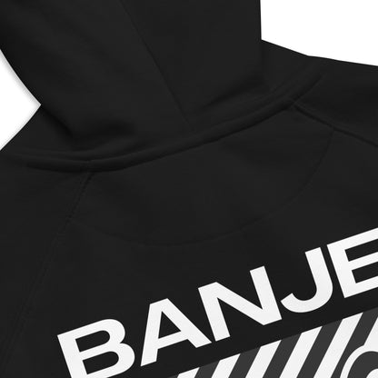 Banjee Graphic Hoodie with Streetwear Inspired B&W Design for Intersectional Pride on back of Black Eco Raglan Hoodie