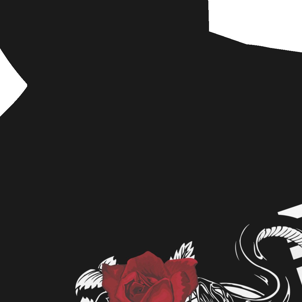 Liberación Graphic Hoodie Skulls and Red Rose Design for Intersectional Pride on back of Black Eco Raglan Hoodie