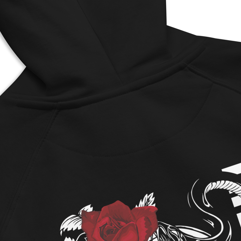 Liberación Graphic Hoodie Skulls and Red Rose Design for Intersectional Pride on back of Black Eco Raglan Hoodie