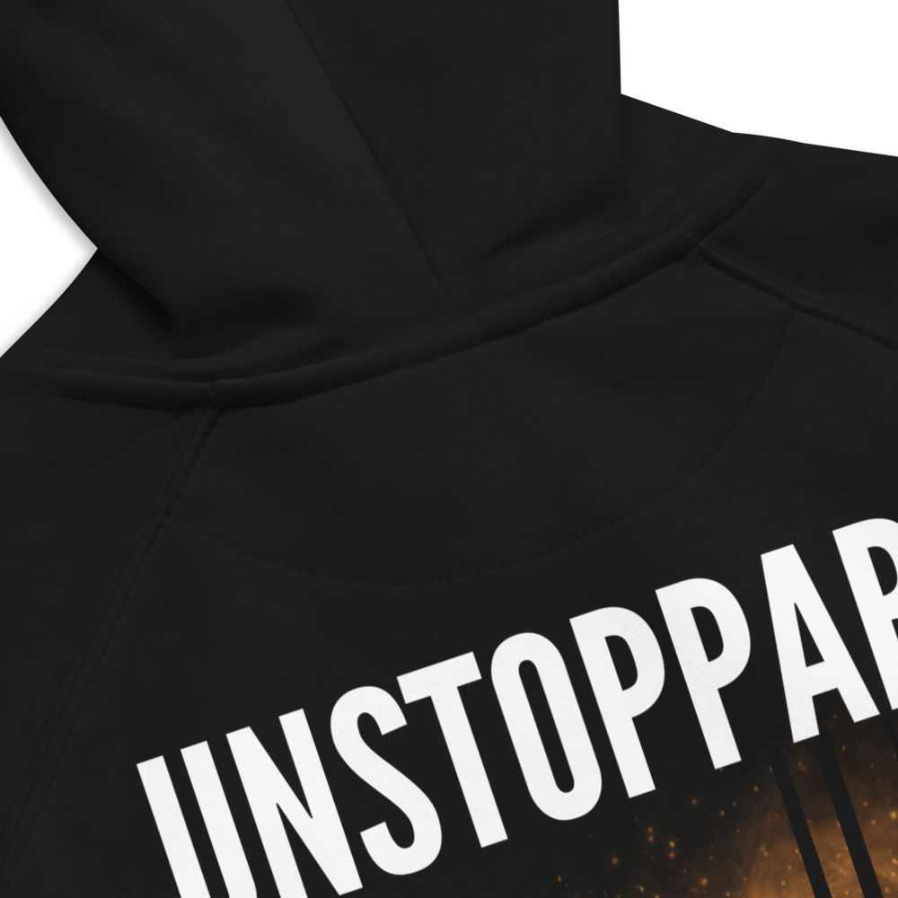 Sun Born & Unstoppable Graphic Hoodie Neon Futures Design Golden Galaxy on back of Black Eco Raglan Hoodie