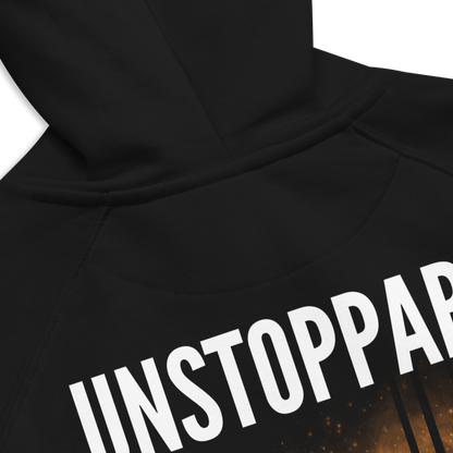 Sun Born & Unstoppable Graphic Hoodie Neon Futures Design Golden Galaxy on back of Black Eco Raglan Hoodie