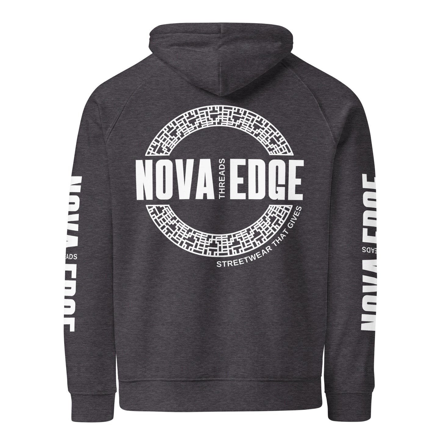 Nova Edge Threads Logo Black or Gray Sweatshirt with Sleeve and Back Designs Eco Raglan Hoodie