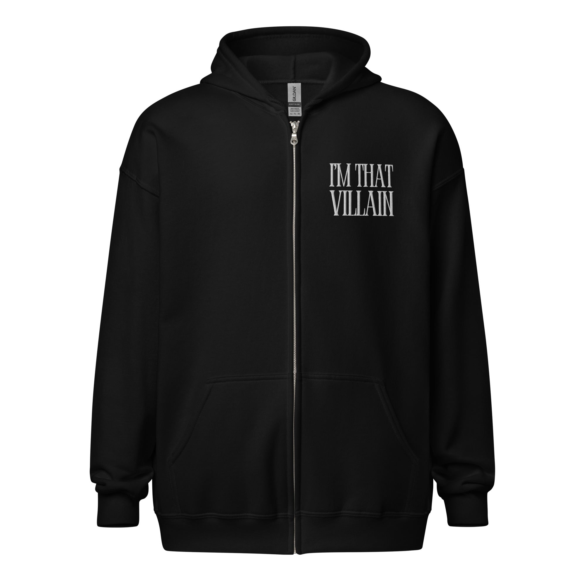 Queer Trans and Disability Pride I'm That Villain Embroidered on a Black zip hoodie Heavy Blend Zip Hoodie