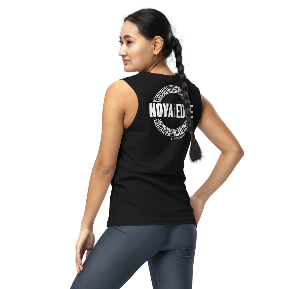 Nova Edge Threads Logo on back of Black Relaxed Fit Sleeveless Tank Top