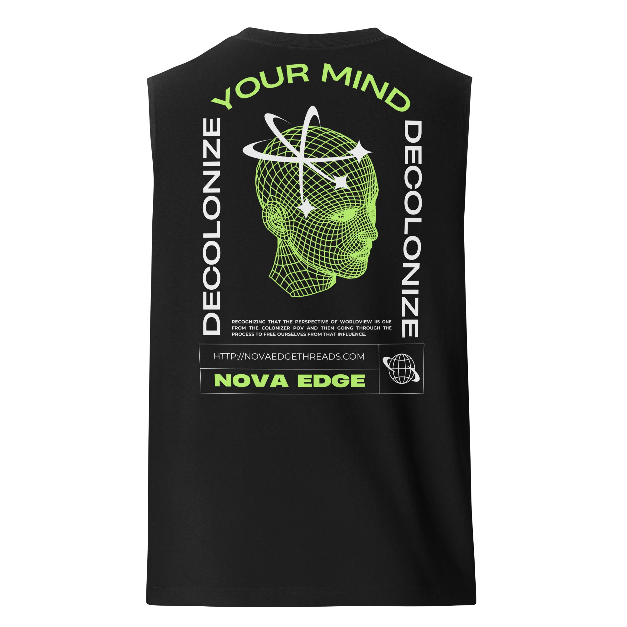 Decolonize Your Mind Protest Sleeveless Tank Top on back of Black Relaxed Fit Tank Top Relaxed Fit Sleeveless Tank Top