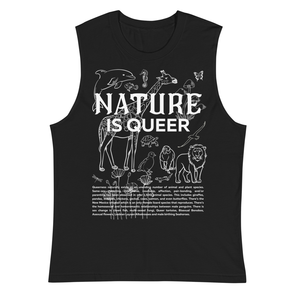 Nature is Queer Graphic Tank LGBTQ+ Plants &amp; Animals on front of Black Relaxed Fit Sleeveless Tank Top