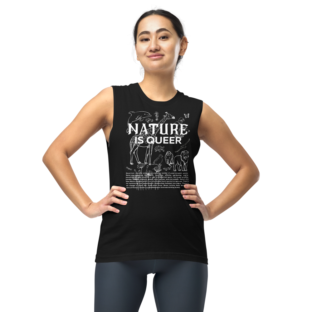 Nature is Queer Graphic Tank LGBTQ+ Plants & Animals on front of Black Relaxed Fit Sleeveless Tank Top