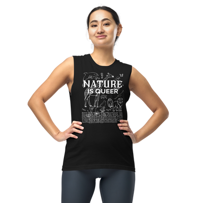 Nature is Queer Graphic Tank LGBTQ+ Plants & Animals on front of Black Relaxed Fit Sleeveless Tank Top