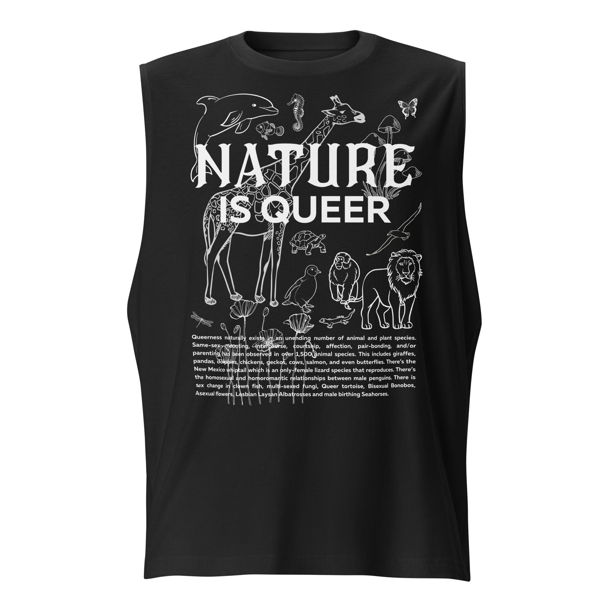 Nature is Queer Graphic Tank LGBTQ+ Plants &amp; Animals on front of Black Relaxed Fit Sleeveless Tank Top