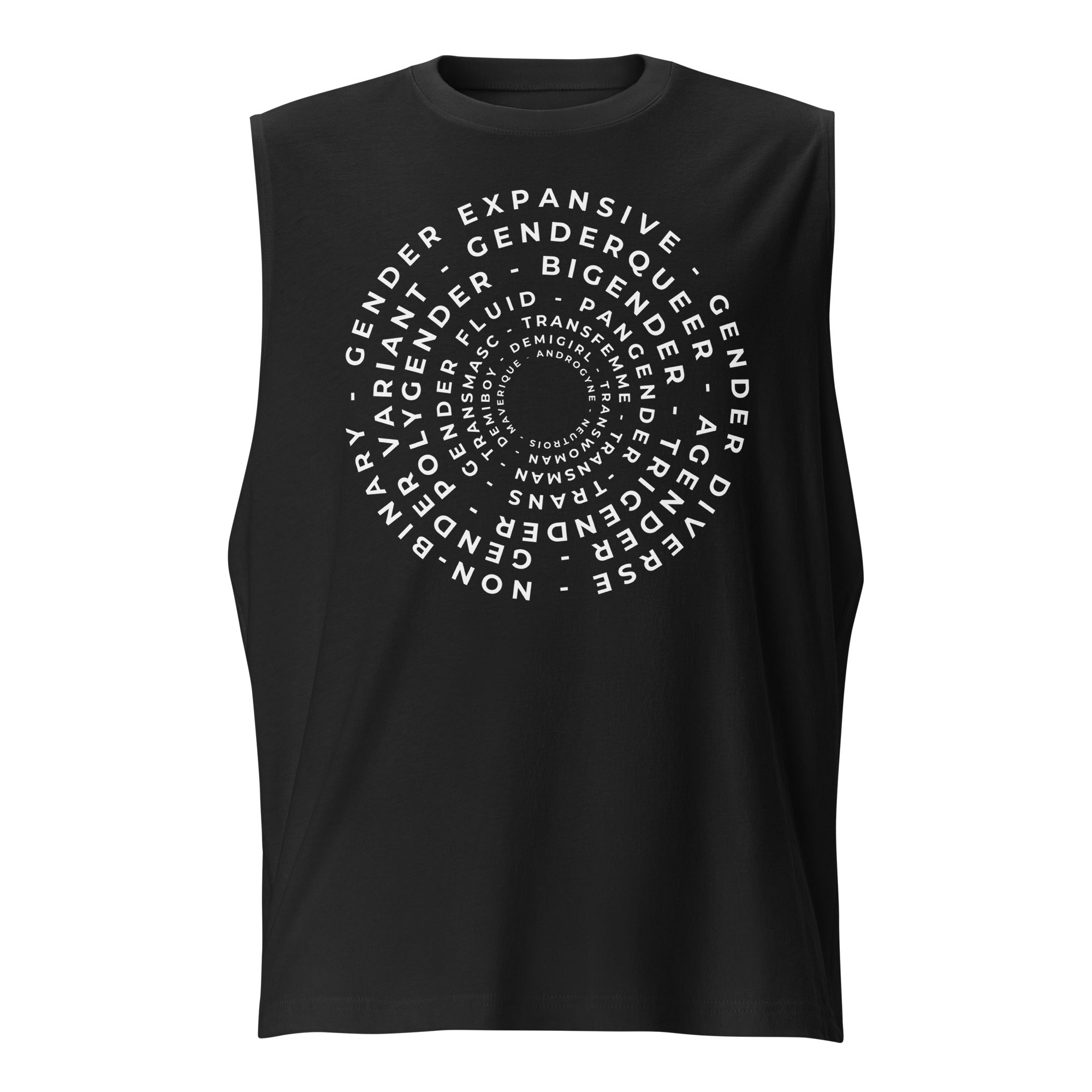 Word Art in Circles with different Gender Identities on front of Black Sleeveless Tank Top Relaxed Fit Sleeveless Tank Top