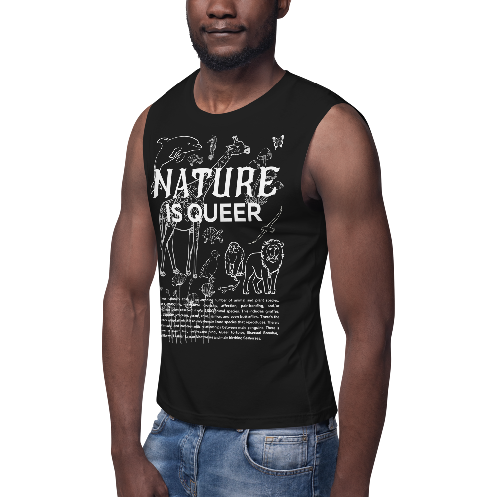 Nature is Queer Graphic Tank LGBTQ+ Plants &amp; Animals on front of Black Relaxed Fit Sleeveless Tank Top