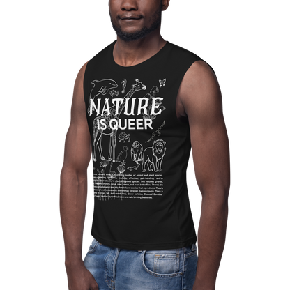 Nature is Queer Graphic Tank LGBTQ+ Plants & Animals on front of Black Relaxed Fit Sleeveless Tank Top