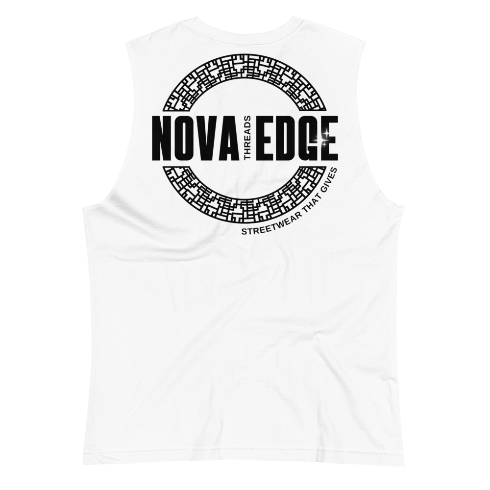 Nova Edge Threads Logo on back of White Relaxed Fit Sleeveless Tank Top