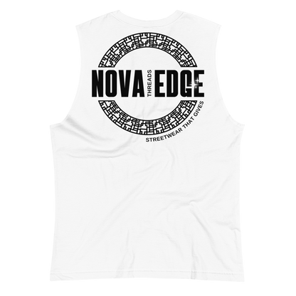 Nova Edge Threads Logo on back of White Relaxed Fit Sleeveless Tank Top