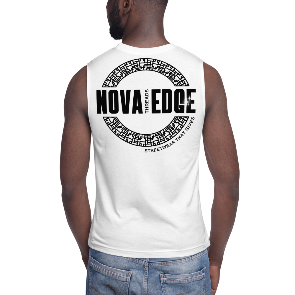 Nova Edge Threads Logo on back of White Relaxed Fit Sleeveless Tank Top