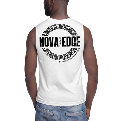 Nova Edge Threads Logo on back of White Relaxed Fit Sleeveless Tank Top