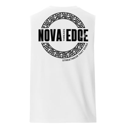 Nova Edge Threads Logo on back of White Relaxed Fit Sleeveless Tank Top