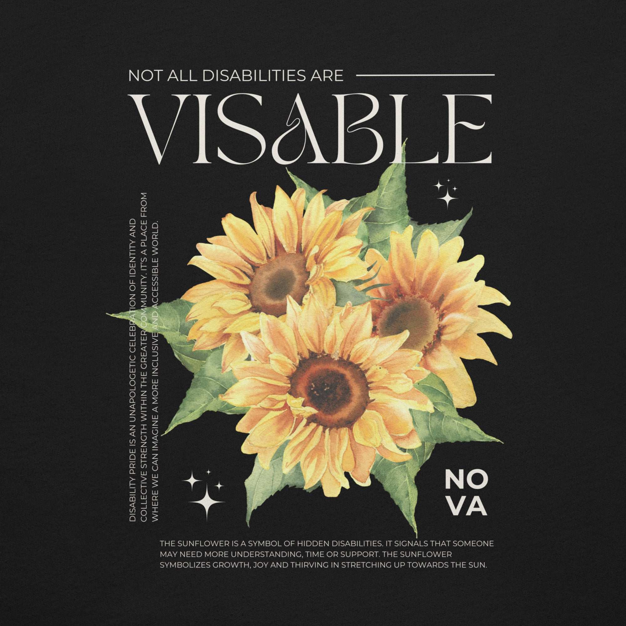 Sunflower Hidden Disabilities Pride on back of Size Inclusive Black Relaxed Fit T-shirt Oversize Deep Drop Shoulder Tee - 190 GSM
