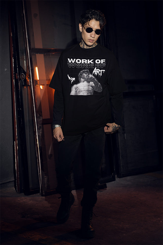 Work of Art Statue with Top Surgery Scars Trans Pride Shirt Black Oversize Tee Oversize Deep Drop Shoulder Tee - 190 GSM
